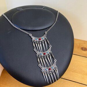 Long Tiered Tribal Pendant Necklace Silver-tone Spike Dangle Faux Turquoise
